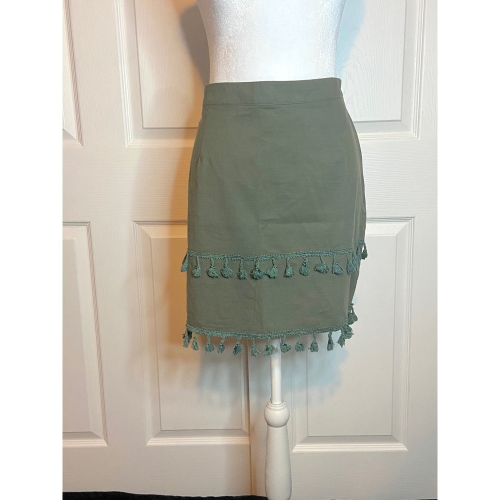 Amaryllis Olive Green Cotton Tassel Trim Mini Skirt Size L Boho Summer